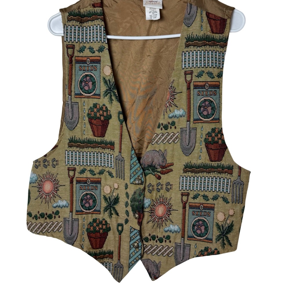 Backroad Blues Tapestry Vest Womens XL Tan Garden Novelty Print V-Neck Vintage